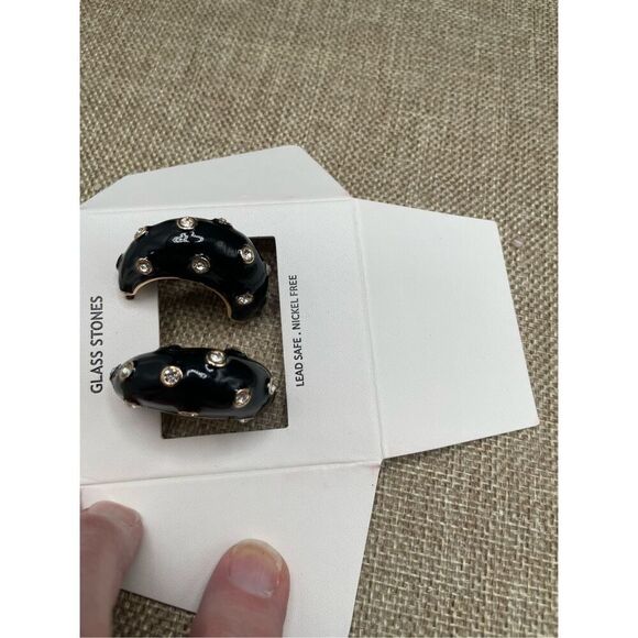 House of Harlow Black Enamel & White Crystal Polka Dot Puffy Hoop 1.5” Earrings - Picture 3 of 8